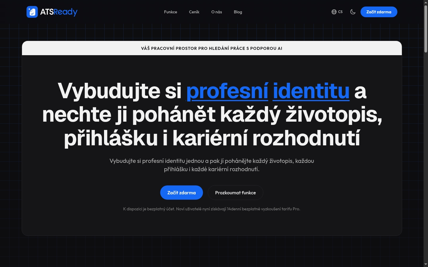 Domovská stránka ATSReady s tlačítkem Začít zdarma v horní sekci.