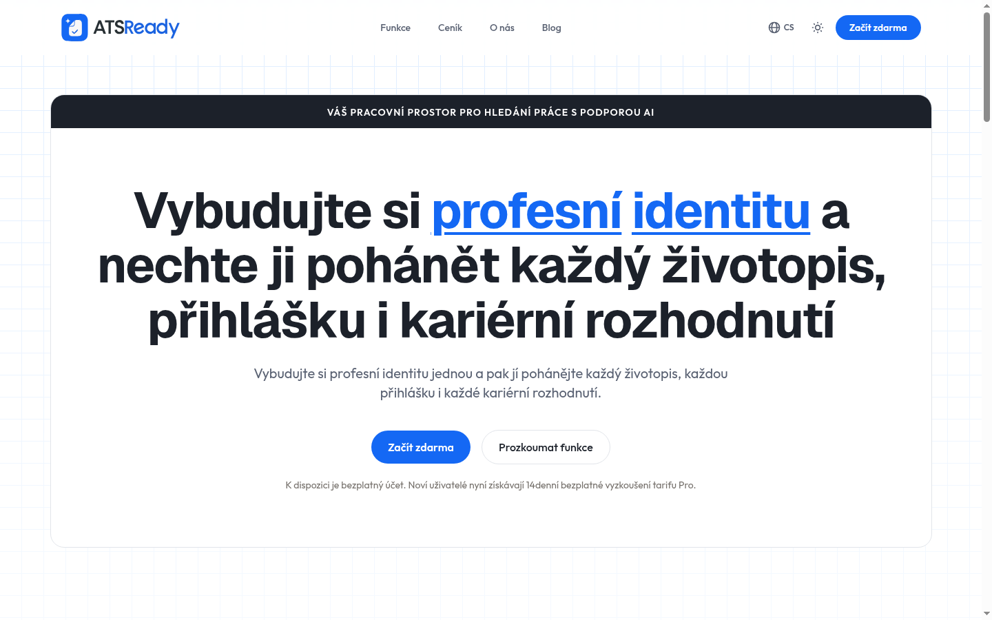 Domovská stránka ATSReady s tlačítkem Začít zdarma v horní sekci.