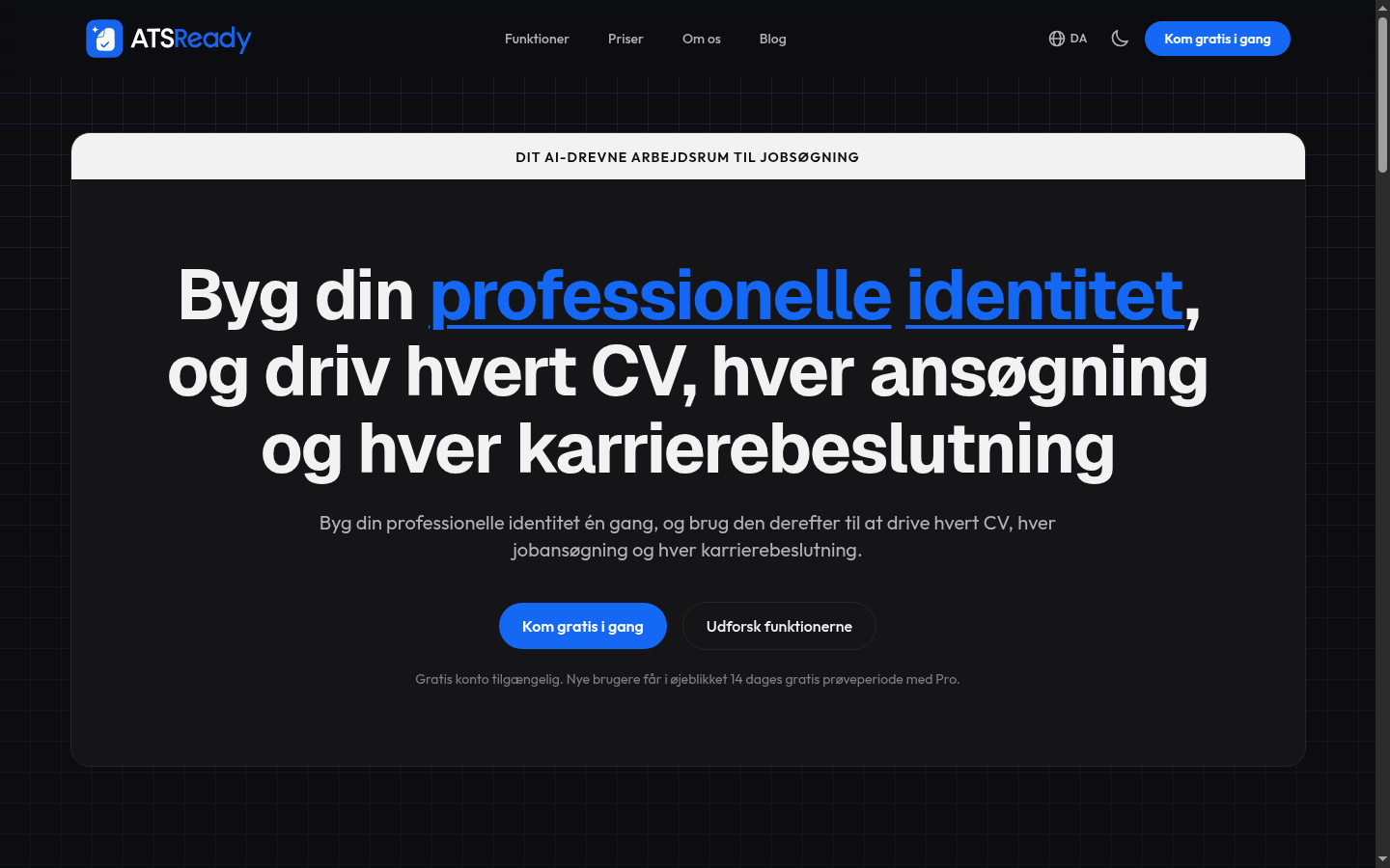 ATSReadys forside med knappen Kom gratis i gang i det øverste afsnit.