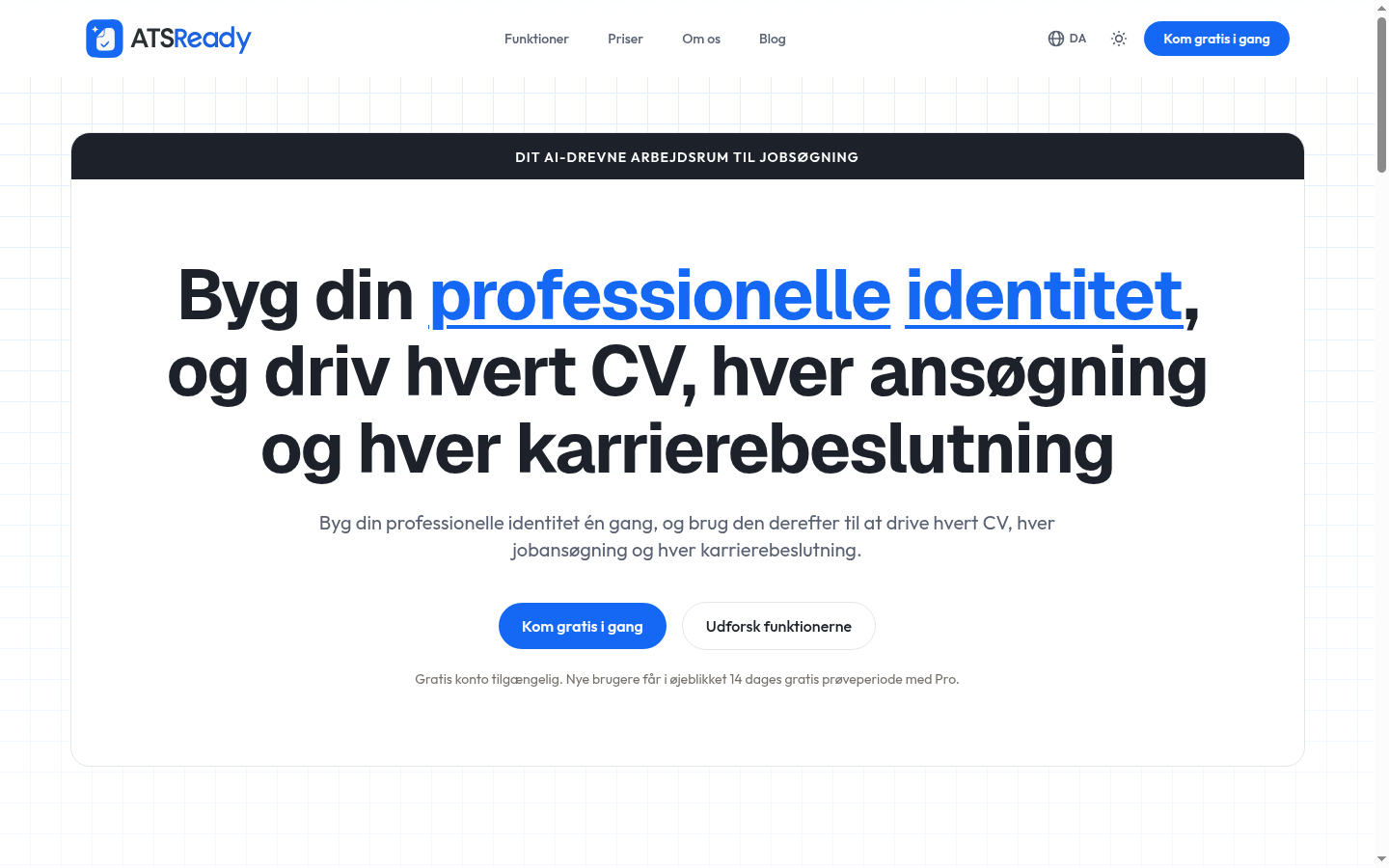ATSReadys forside med knappen Kom gratis i gang i det øverste afsnit.