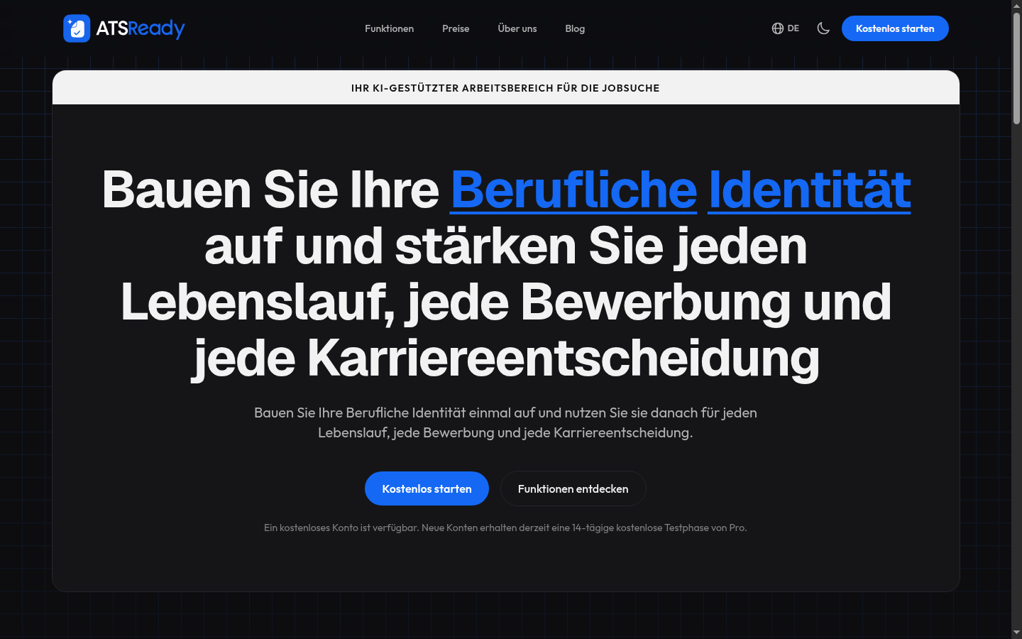 Die Startseite von ATSReady mit der Schaltfläche „Kostenlos starten“ im Kopfbereich.
