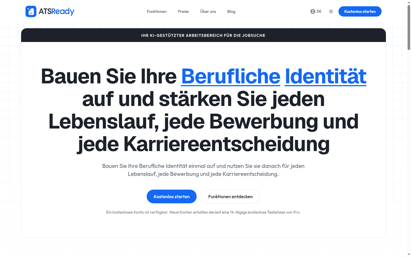 Die Startseite von ATSReady mit der Schaltfläche „Kostenlos starten“ im Kopfbereich.