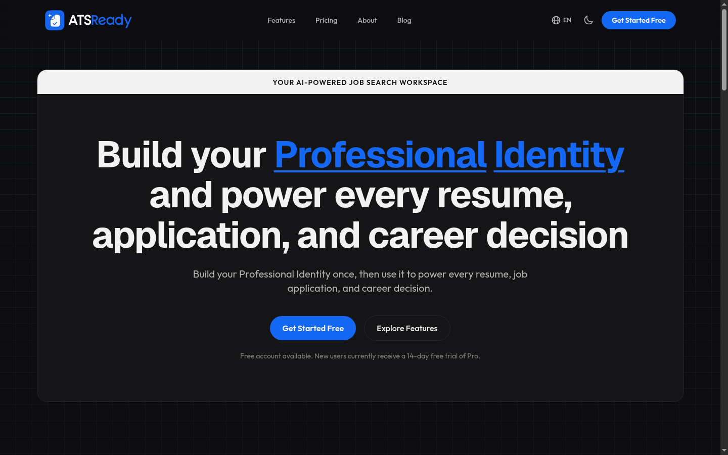 The ATSReady home page, with the Get Started Free button in the hero section.