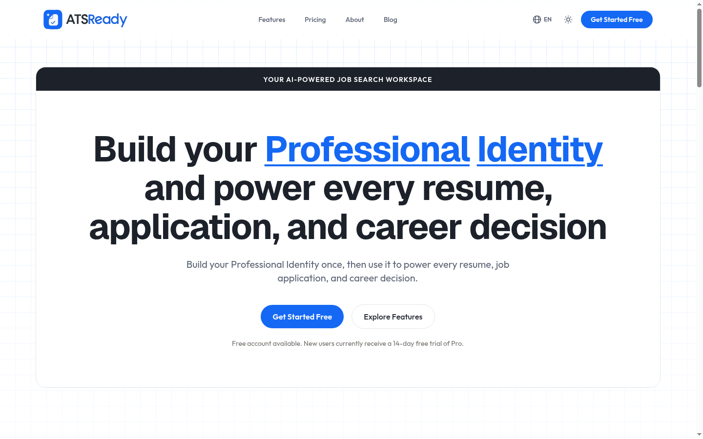 The ATSReady home page, with the Get Started Free button in the hero section.