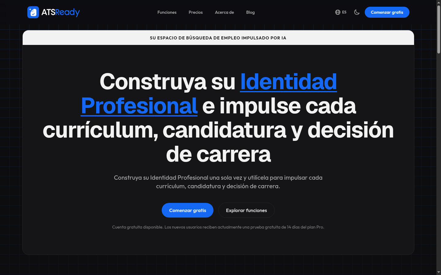 La página de inicio de ATSReady, con el botón Empezar gratis en la sección principal.