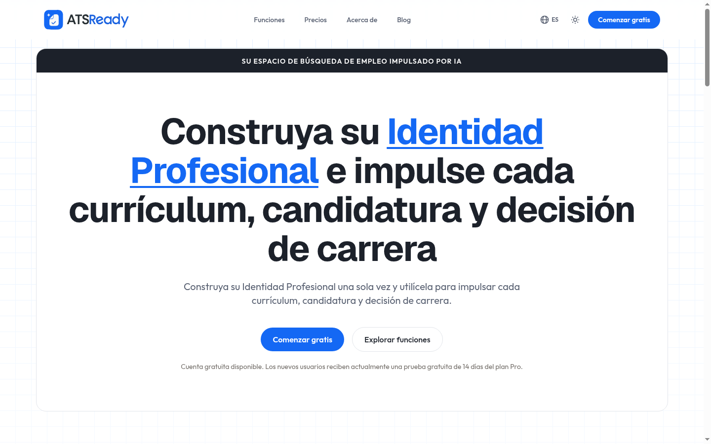 La página de inicio de ATSReady, con el botón Empezar gratis en la sección principal.