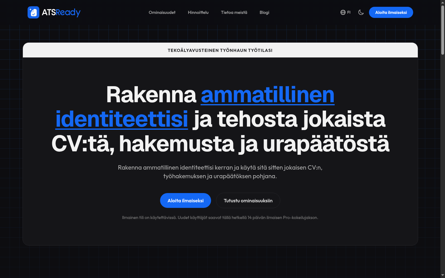 ATSReadyn etusivu, jonka ylimmässä osiossa on Aloita ilmaiseksi -painike.