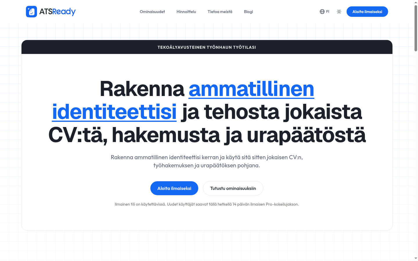 ATSReadyn etusivu, jonka ylimmässä osiossa on Aloita ilmaiseksi -painike.