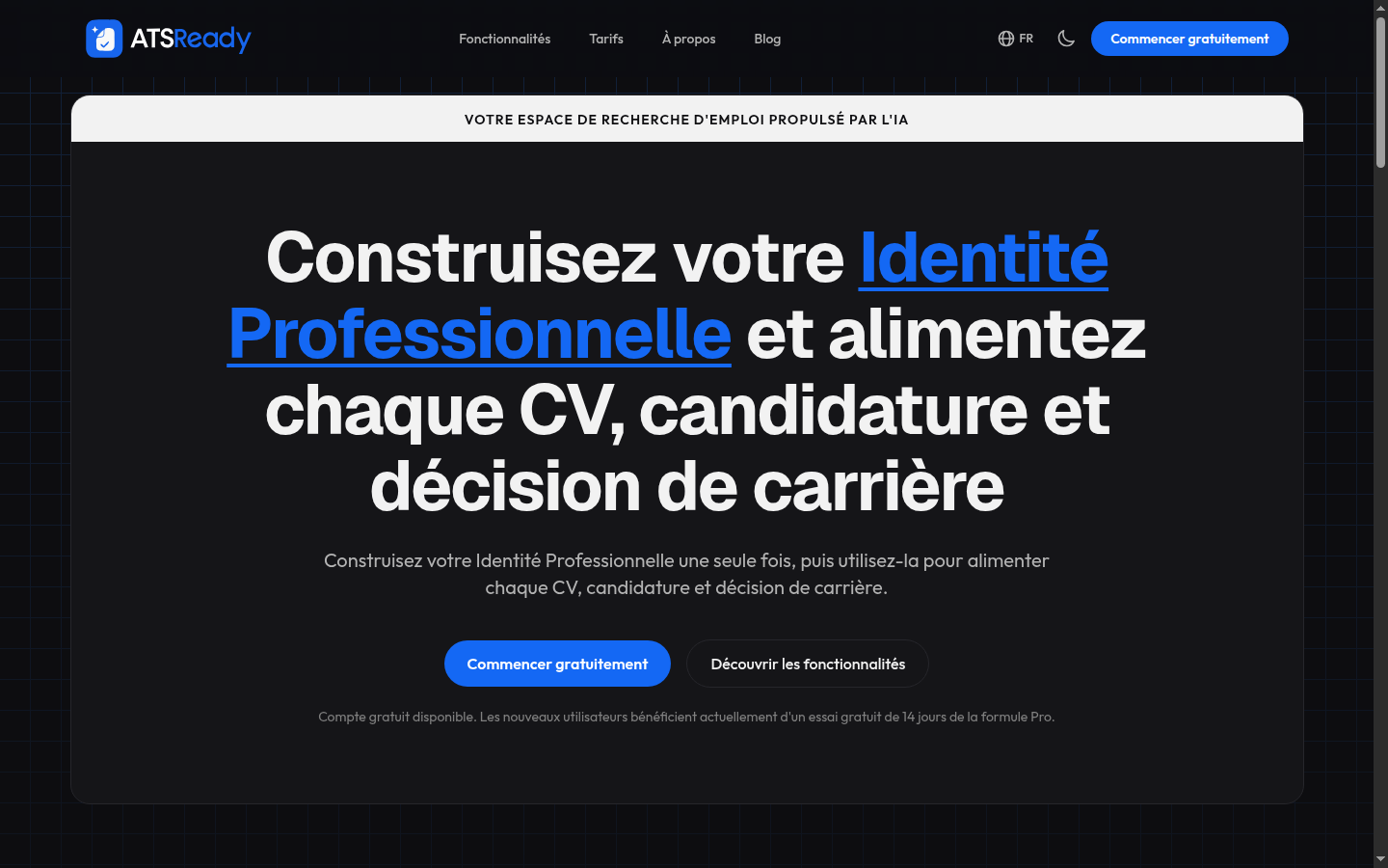 La page d'accueil d'ATSReady, avec le bouton Commencer gratuitement dans la bannière principale.