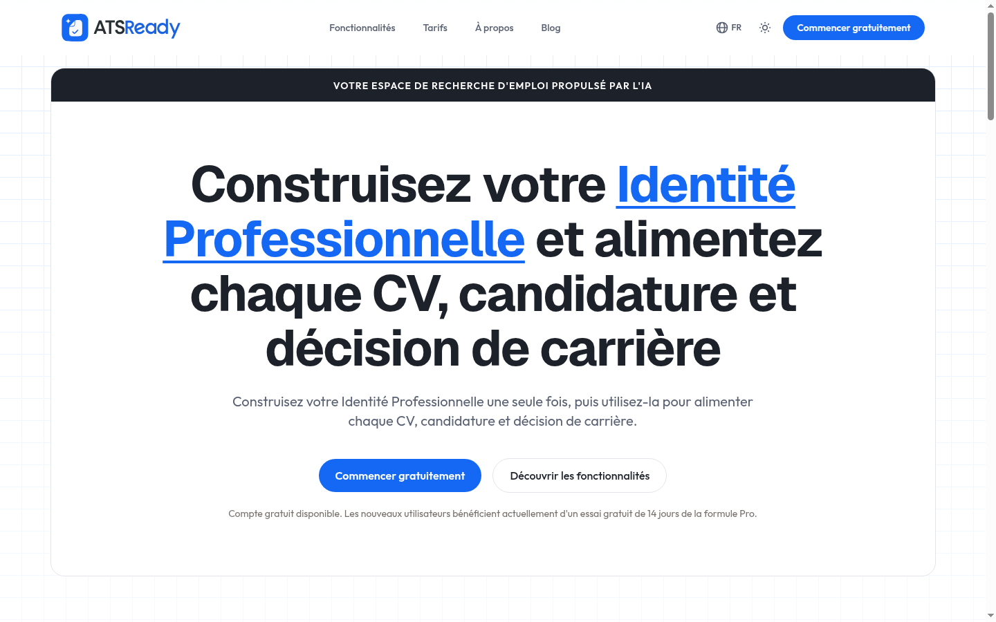 La page d'accueil d'ATSReady, avec le bouton Commencer gratuitement dans la bannière principale.