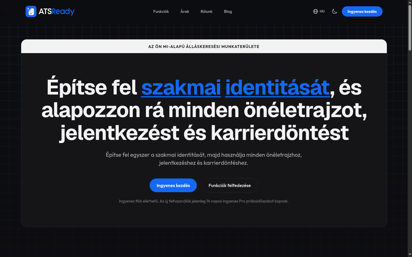 Az ATSReady főoldala, a felső szakaszban az Ingyenes kezdés gombbal.
