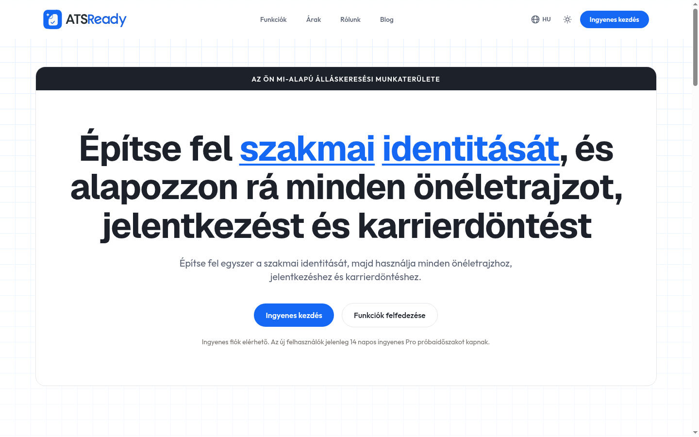 Az ATSReady főoldala, a felső szakaszban az Ingyenes kezdés gombbal.