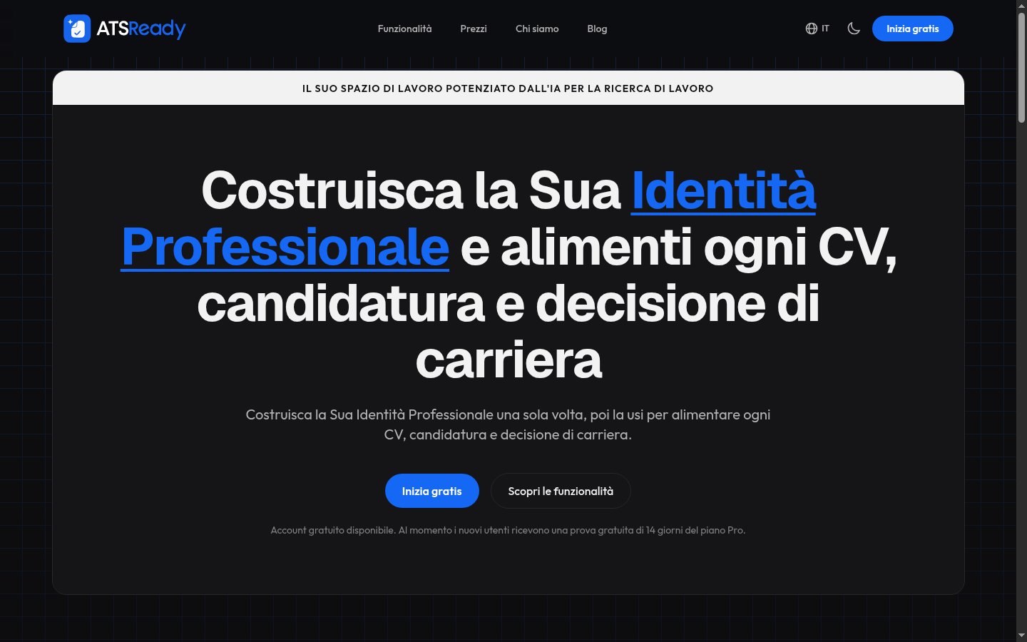 La home page di ATSReady, con il pulsante Inizia gratis nella sezione principale.