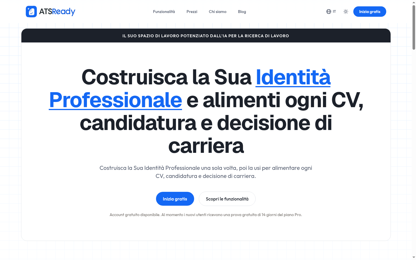La home page di ATSReady, con il pulsante Inizia gratis nella sezione principale.