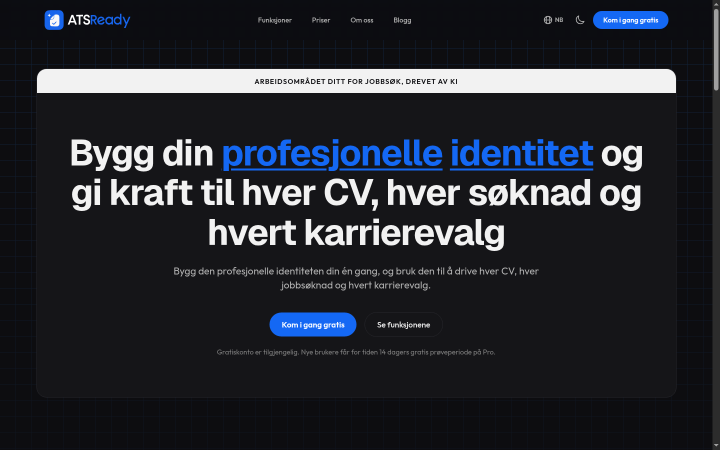 Forsiden til ATSReady, med knappen Kom i gang gratis i den øverste delen.