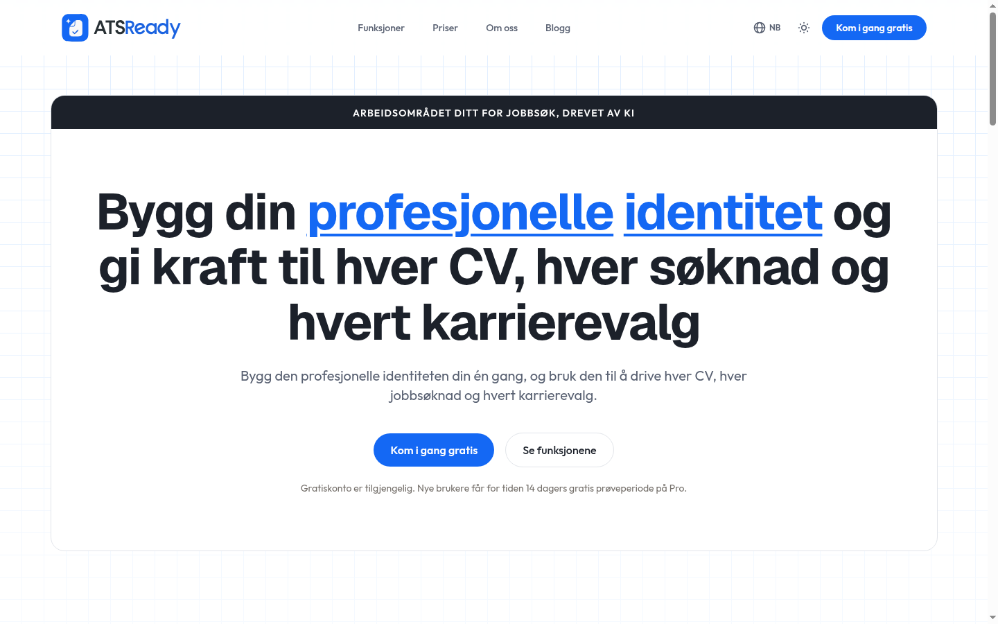 Forsiden til ATSReady, med knappen Kom i gang gratis i den øverste delen.