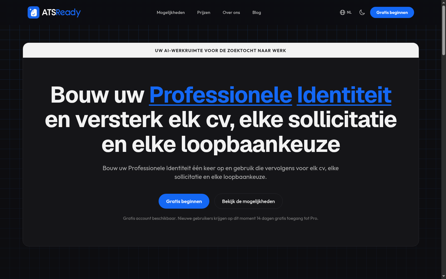 De homepage van ATSReady, met de knop Gratis beginnen in het bovenste blok.