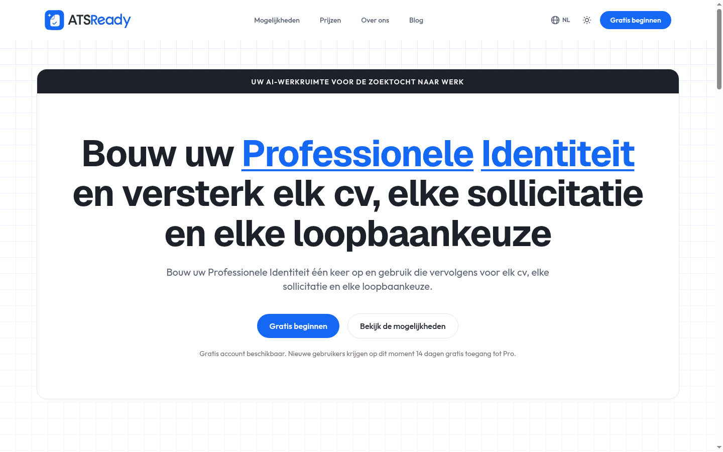 De homepage van ATSReady, met de knop Gratis beginnen in het bovenste blok.