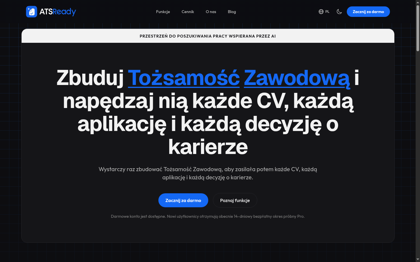 Strona główna ATSReady z przyciskiem Zacznij za darmo w sekcji nagłówkowej.