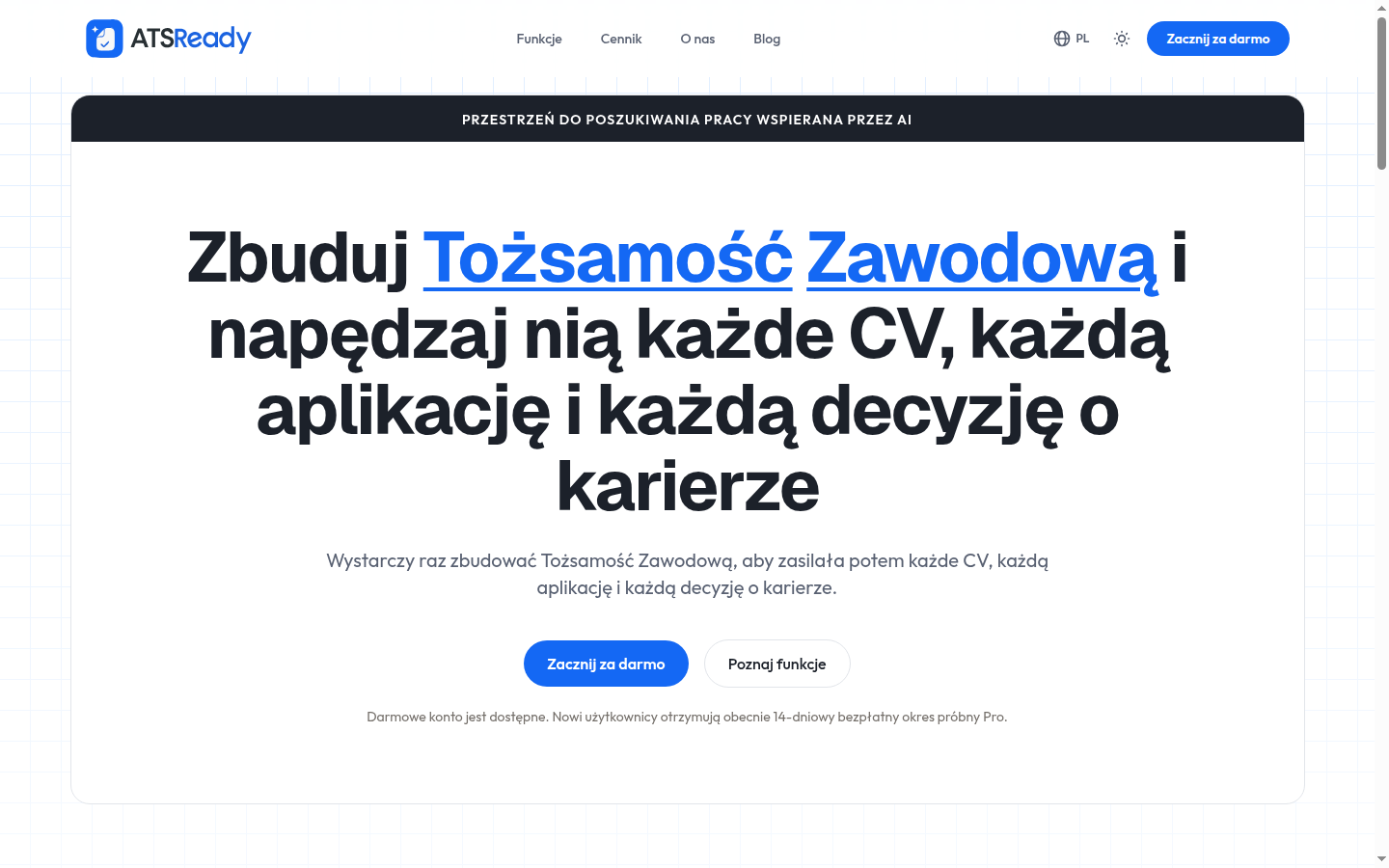 Strona główna ATSReady z przyciskiem Zacznij za darmo w sekcji nagłówkowej.