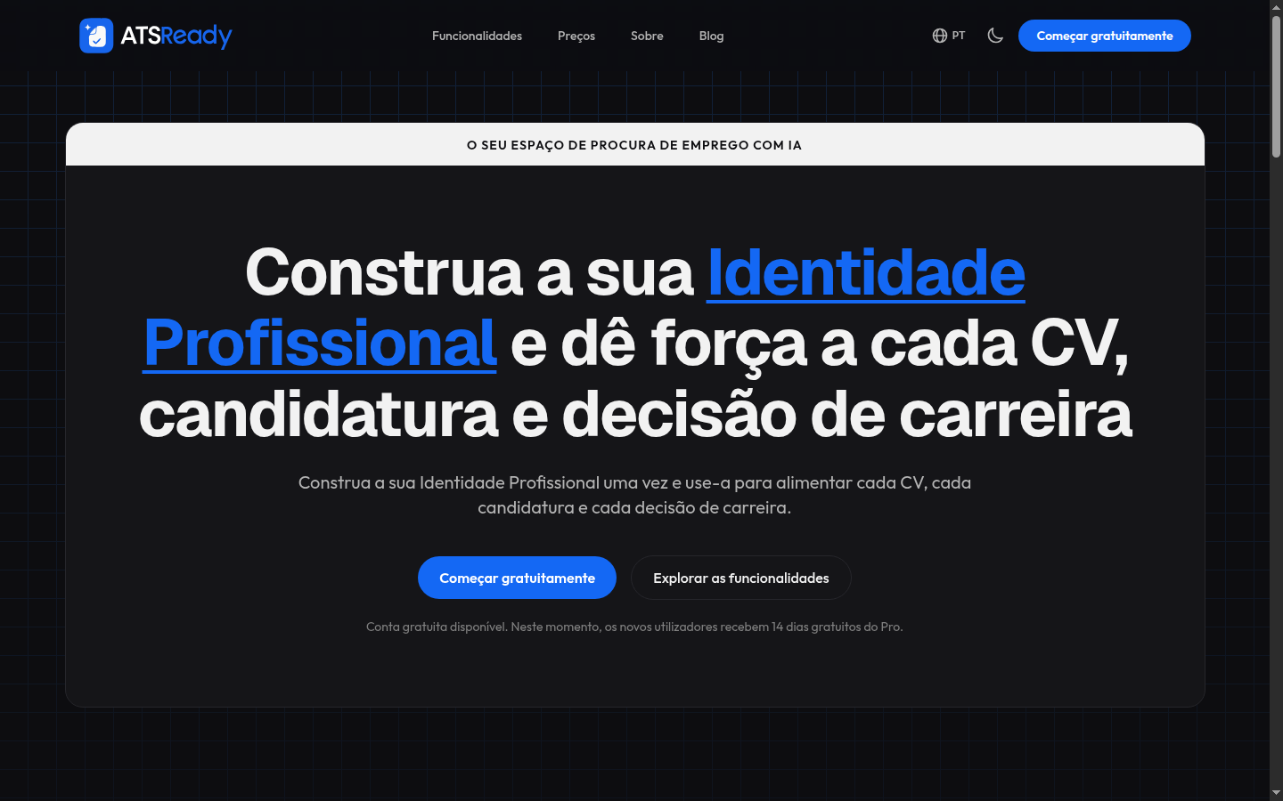 A página inicial do ATSReady, com o botão Começar grátis na secção principal.