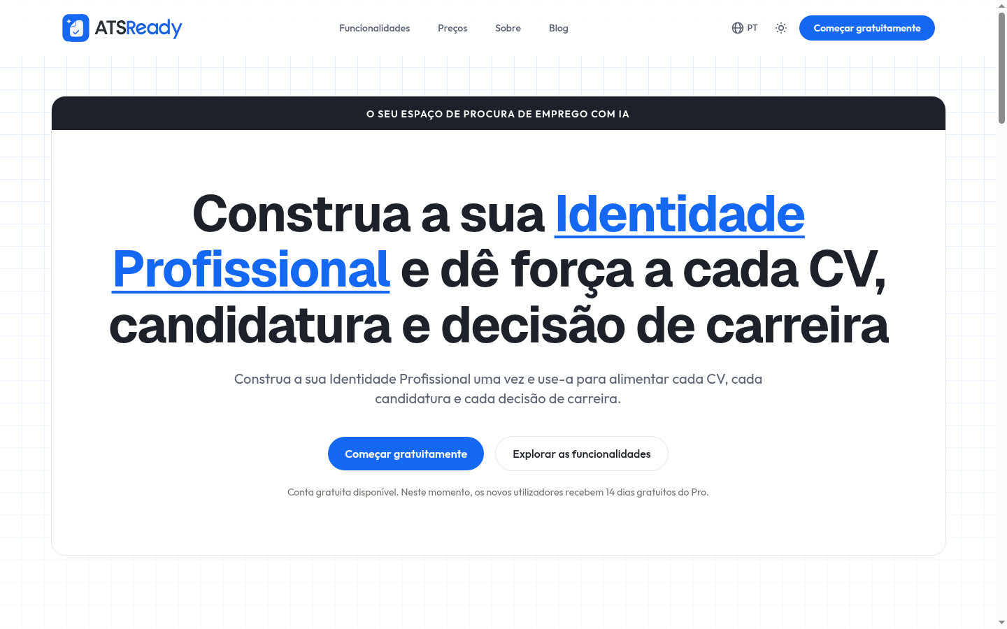 A página inicial do ATSReady, com o botão Começar grátis na secção principal.