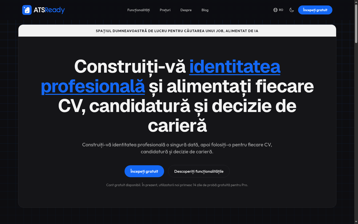 Pagina principală ATSReady, cu butonul Începe gratuit în secțiunea de sus.