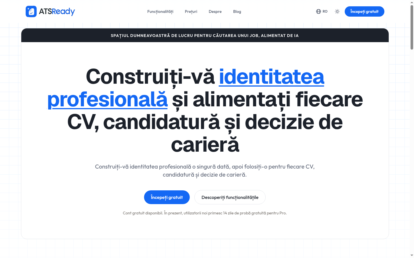 Pagina principală ATSReady, cu butonul Începe gratuit în secțiunea de sus.