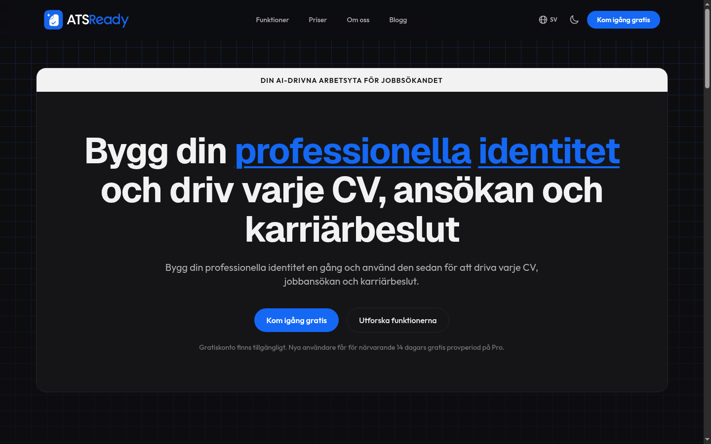 ATSReadys startsida, med knappen Kom igång gratis i det översta avsnittet.