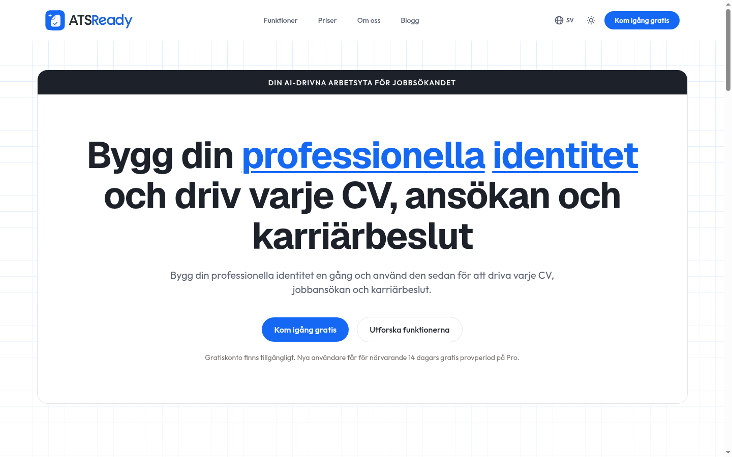 ATSReadys startsida, med knappen Kom igång gratis i det översta avsnittet.