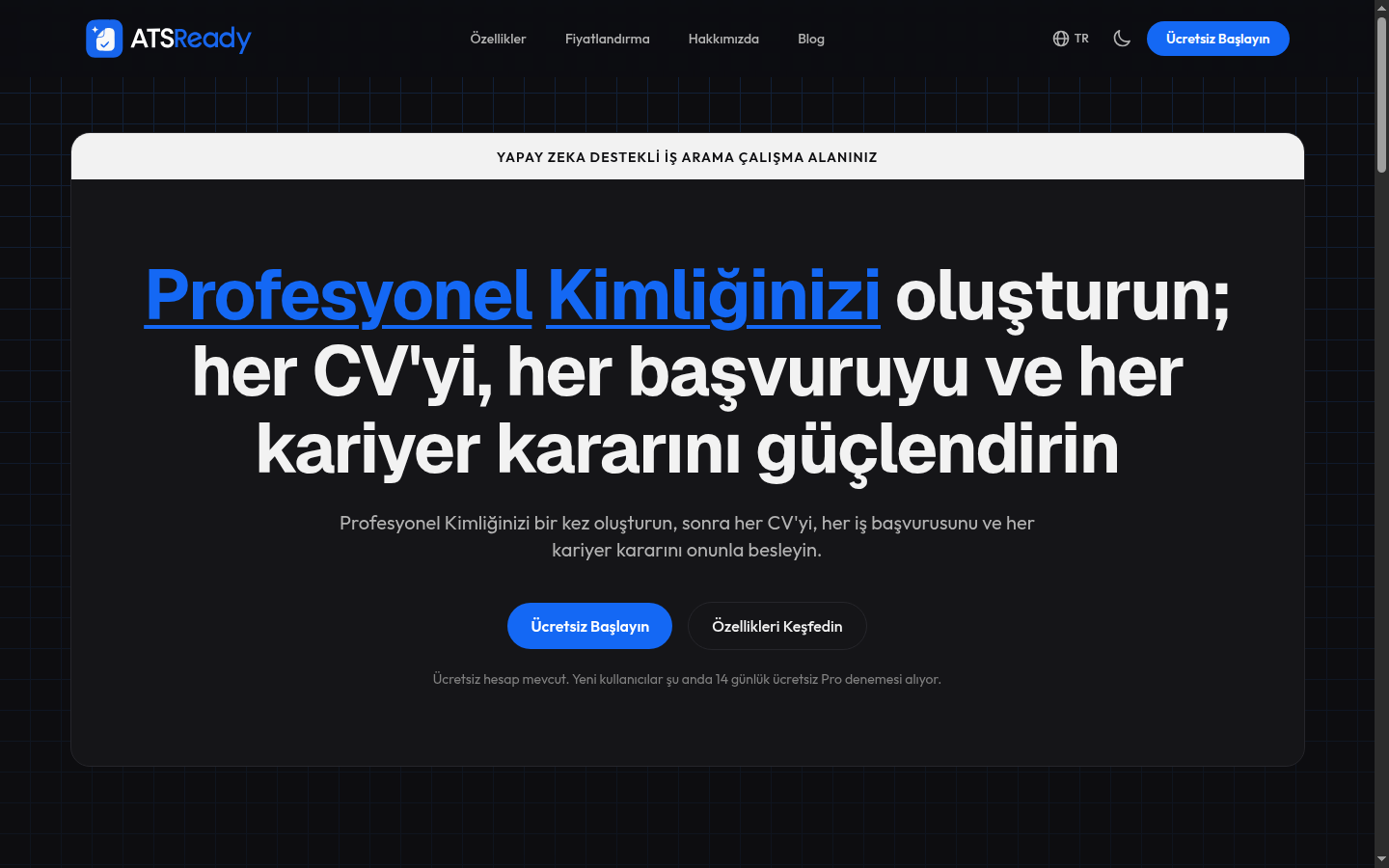ATSReady ana sayfası, üst bölümde Ücretsiz başlayın düğmesiyle.