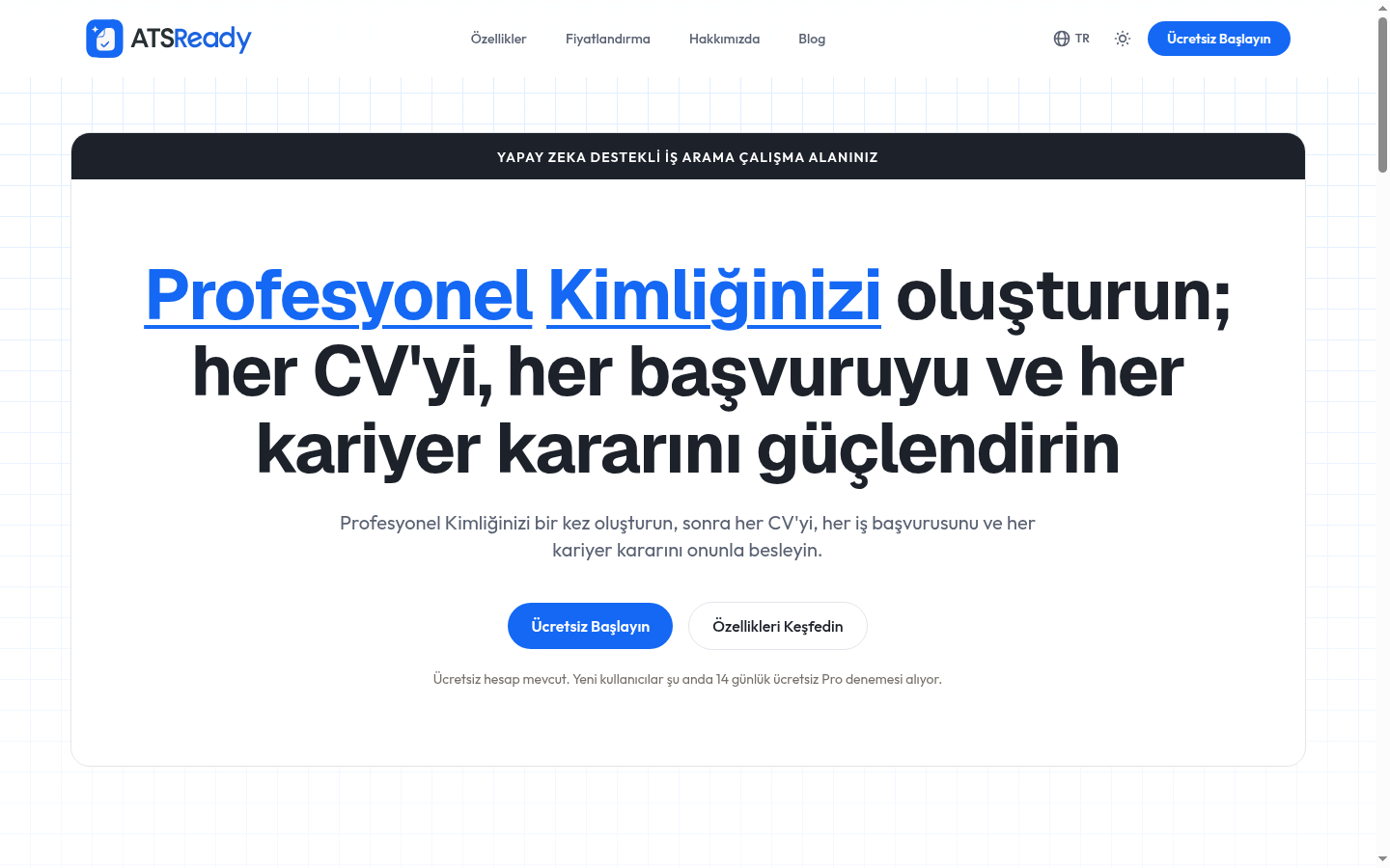 ATSReady ana sayfası, üst bölümde Ücretsiz başlayın düğmesiyle.