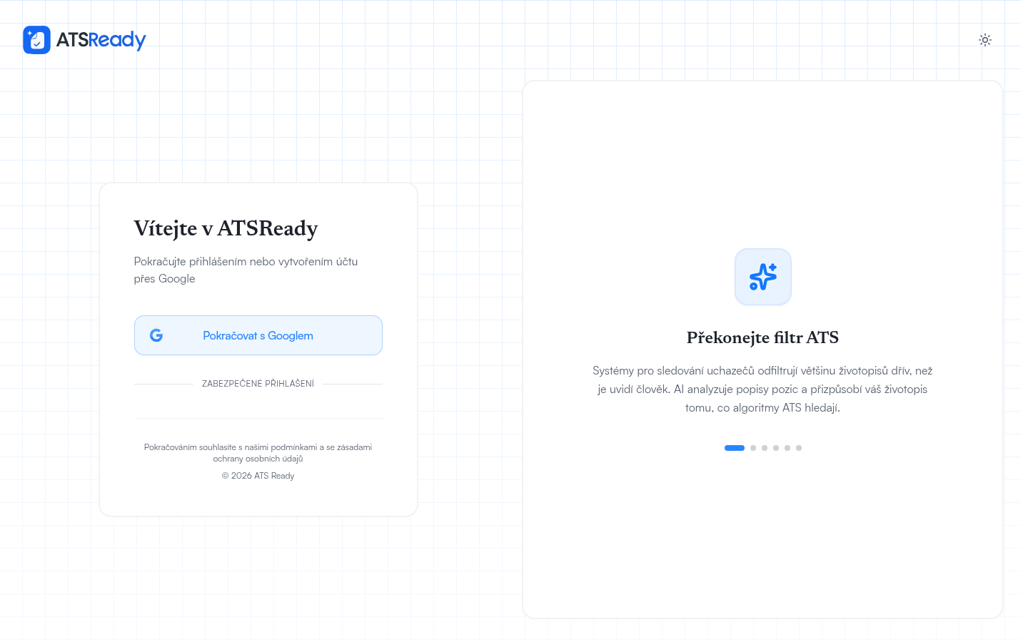 Přihlašovací obrazovka ATSReady s jediným tlačítkem Pokračovat přes Google.