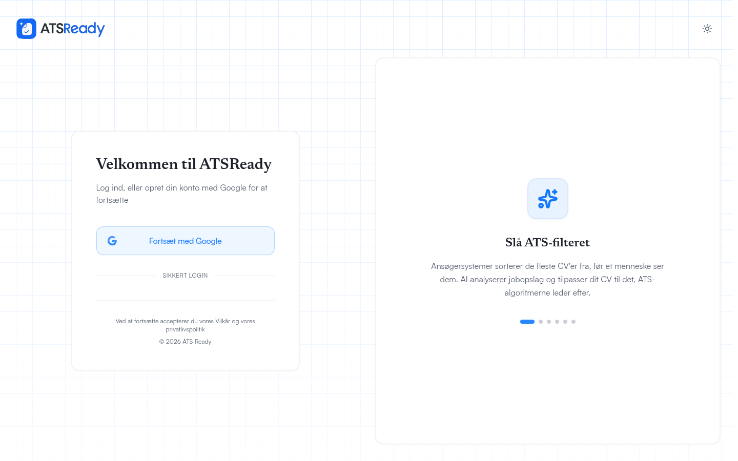 ATSReadys login-skærm med en enkelt knap: Fortsæt med Google.