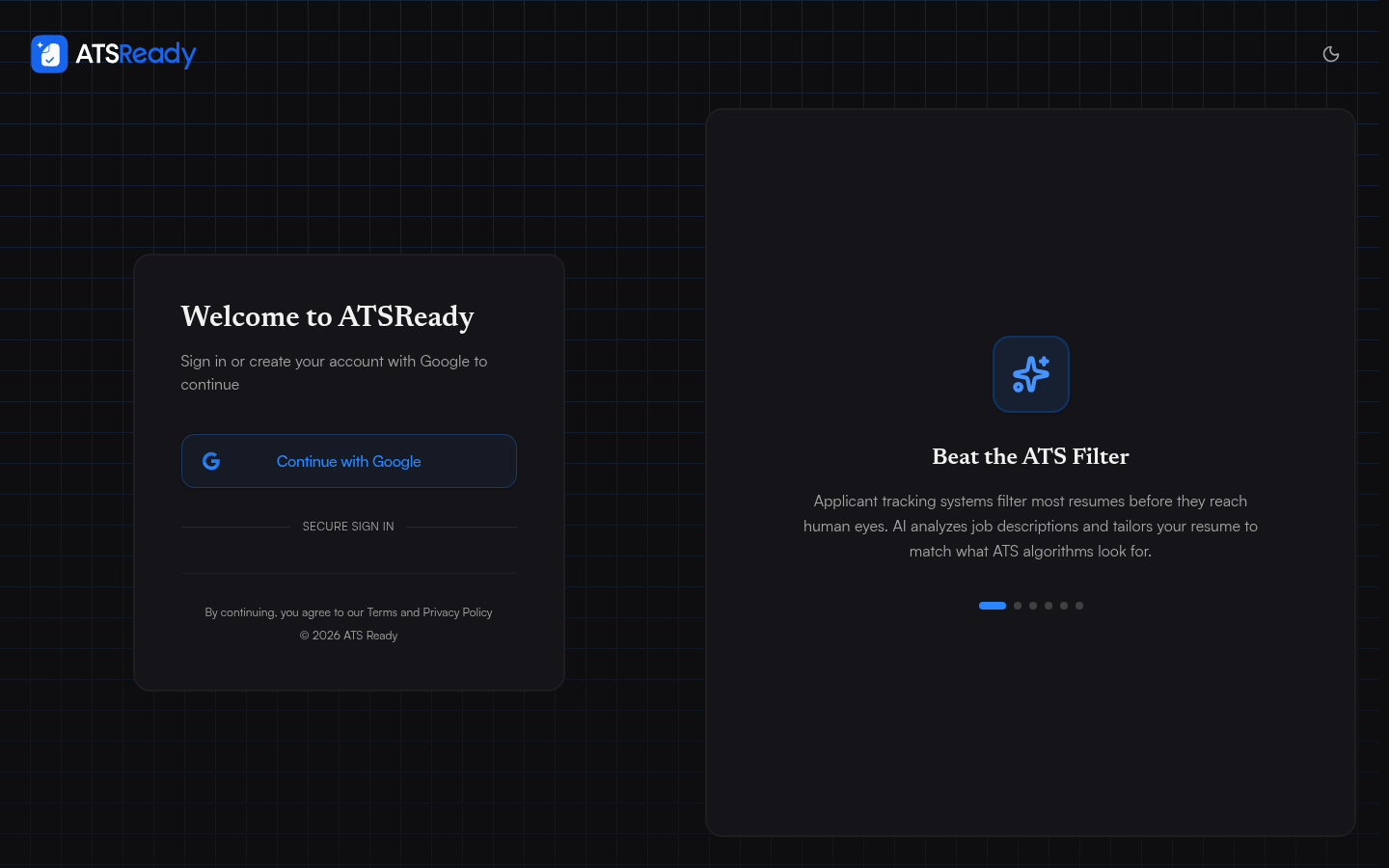 The ATSReady sign-in screen, showing a single Continue with Google button.