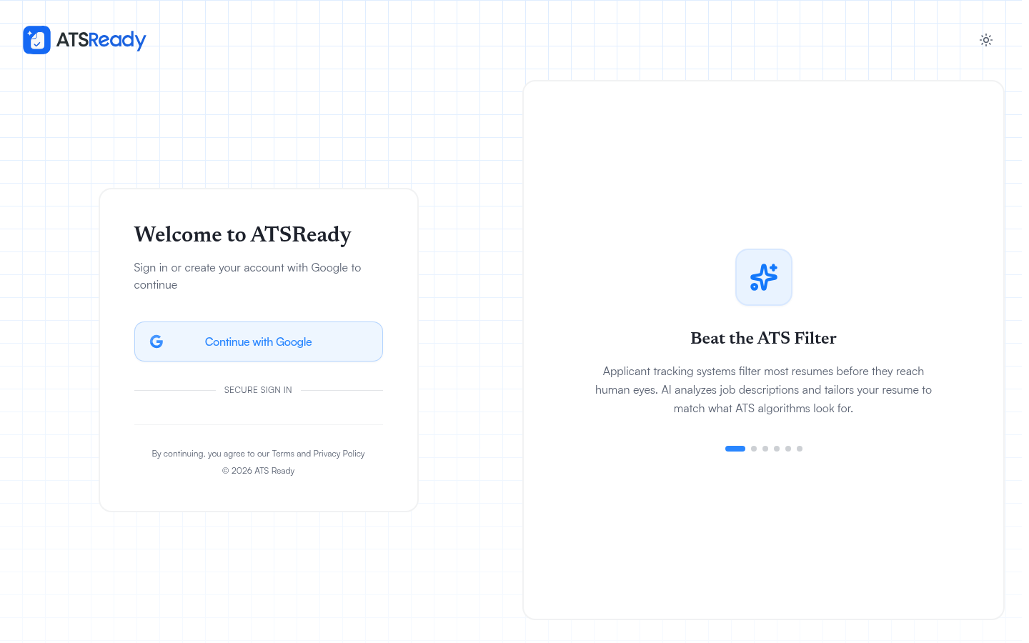 The ATSReady sign-in screen, showing a single Continue with Google button.