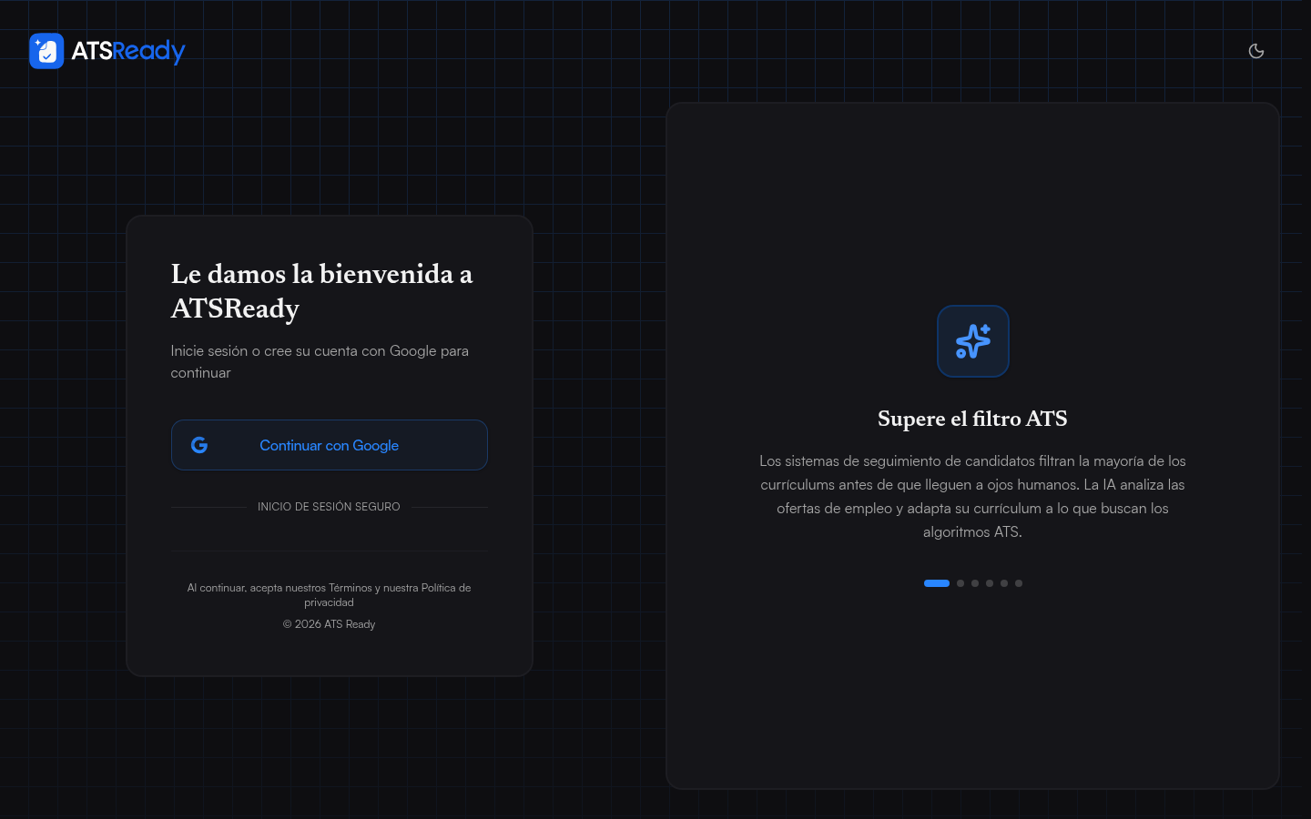 La pantalla de inicio de sesión de ATSReady, con un único botón Continuar con Google.