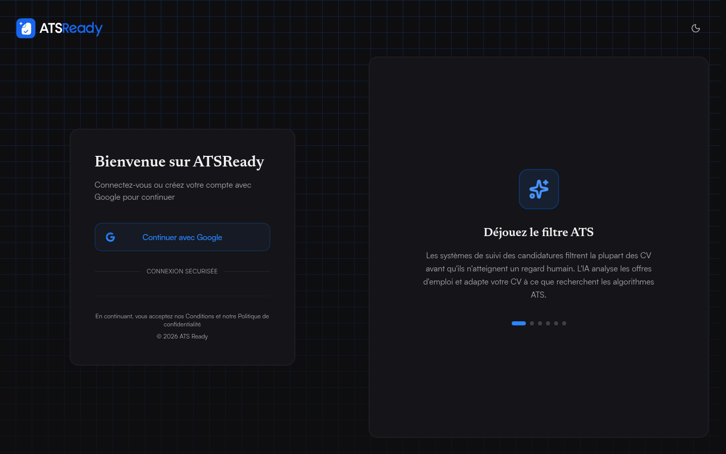 L'écran de connexion d'ATSReady, avec un seul bouton Continuer avec Google.