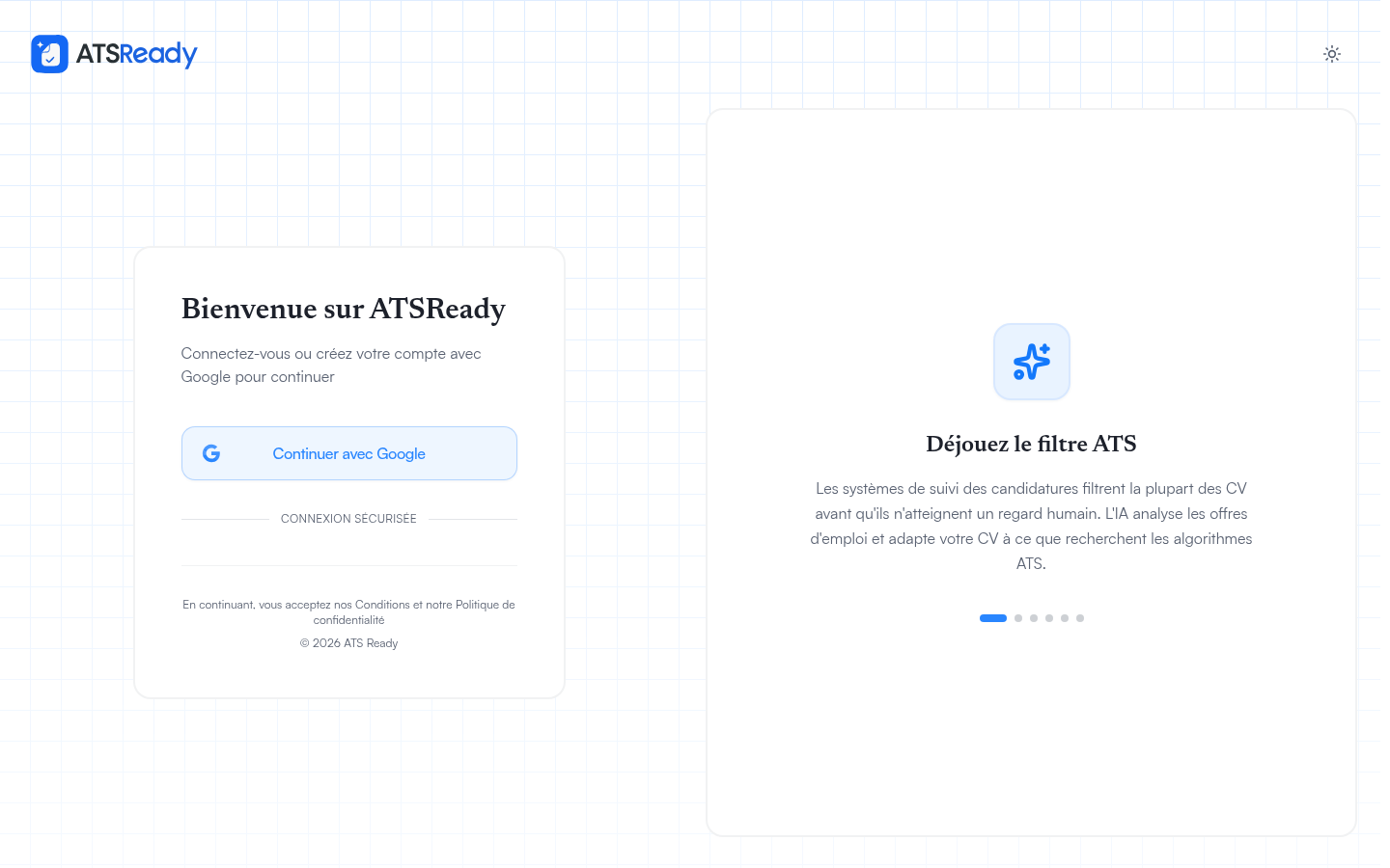 L'écran de connexion d'ATSReady, avec un seul bouton Continuer avec Google.