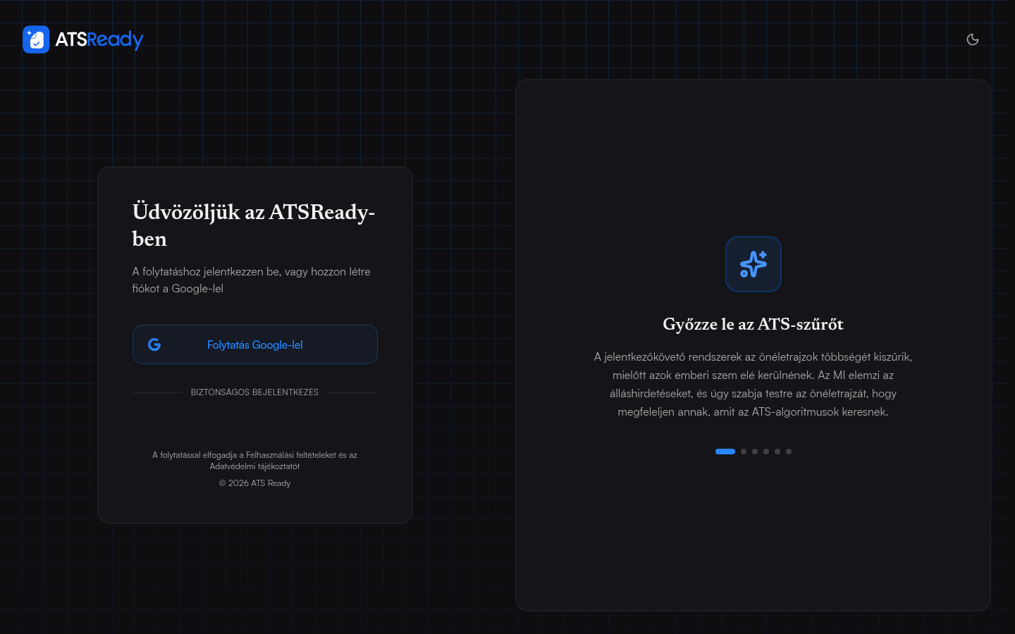 Az ATSReady bejelentkező képernyője, egyetlen Folytatás Google-fiókkal gombbal.