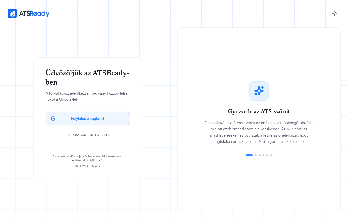 Az ATSReady bejelentkező képernyője, egyetlen Folytatás Google-fiókkal gombbal.