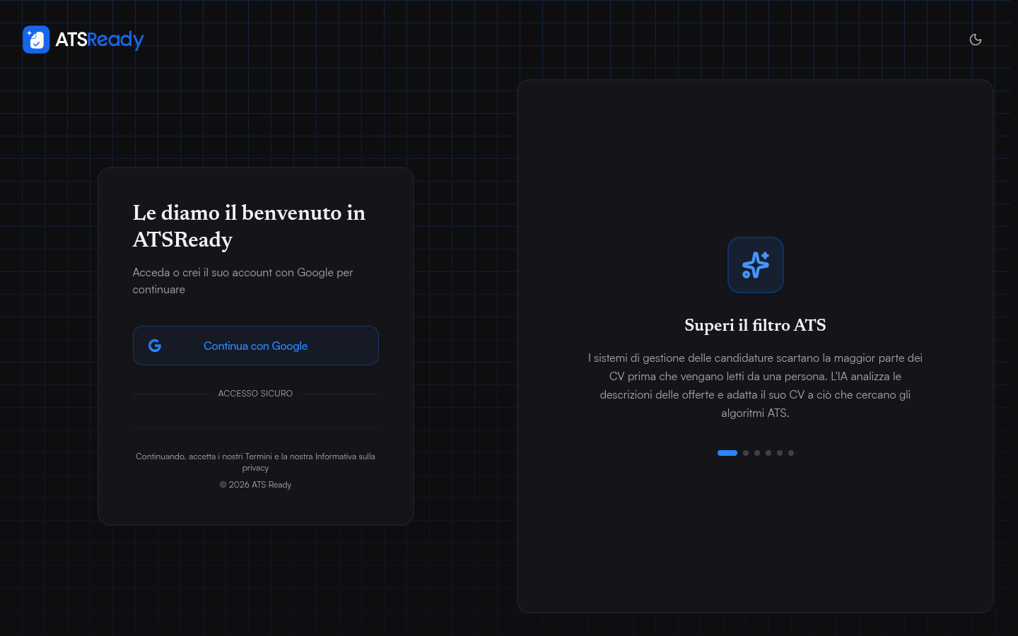 La schermata di accesso di ATSReady, con un unico pulsante Continua con Google.