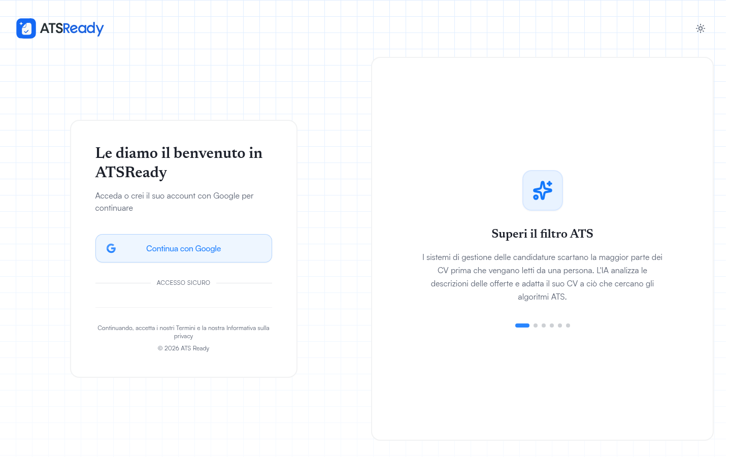 La schermata di accesso di ATSReady, con un unico pulsante Continua con Google.