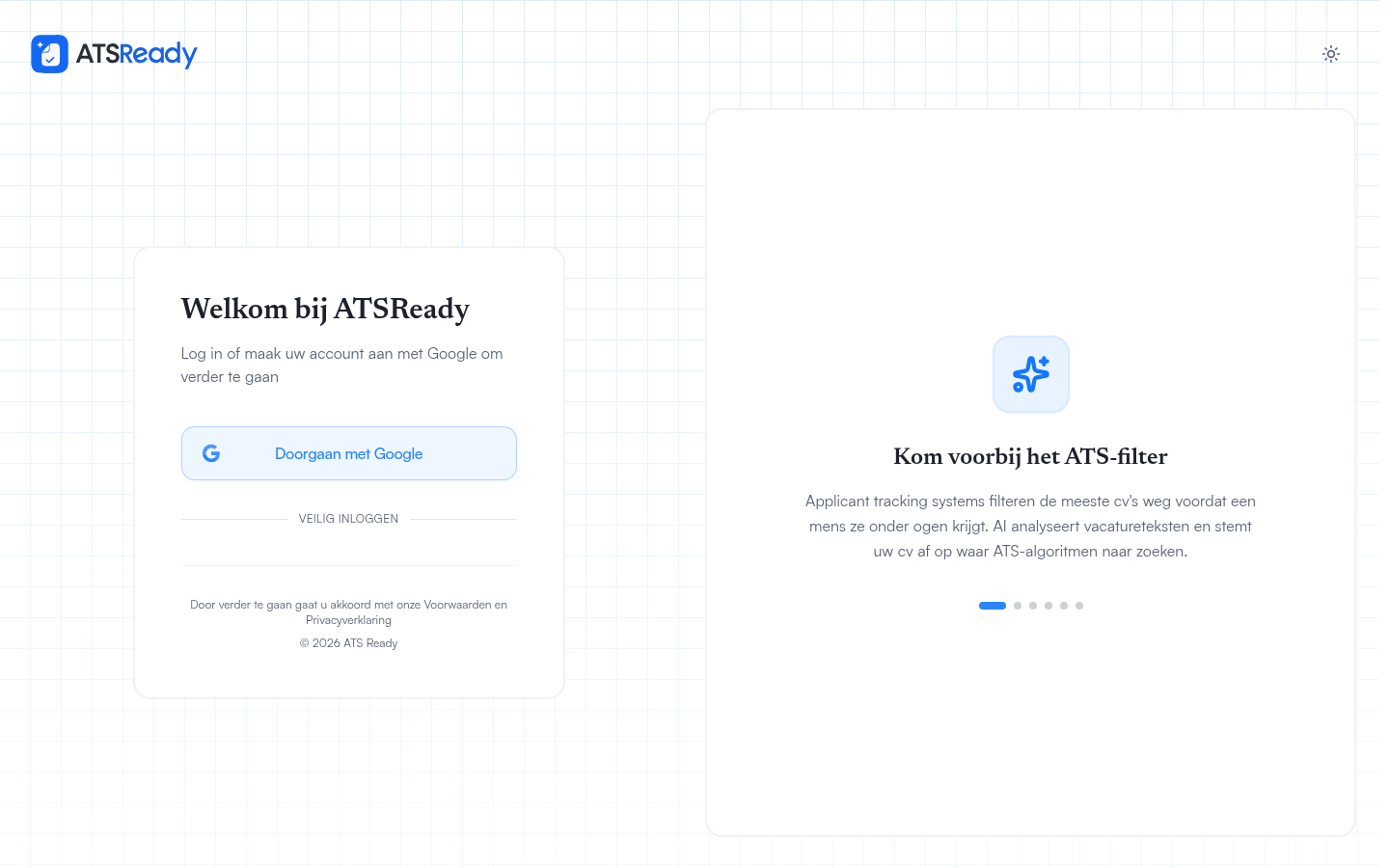 Het inlogscherm van ATSReady, met één knop Doorgaan met Google.