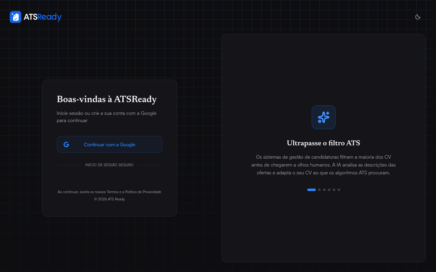O ecrã de início de sessão do ATSReady, com um único botão Continuar com o Google.