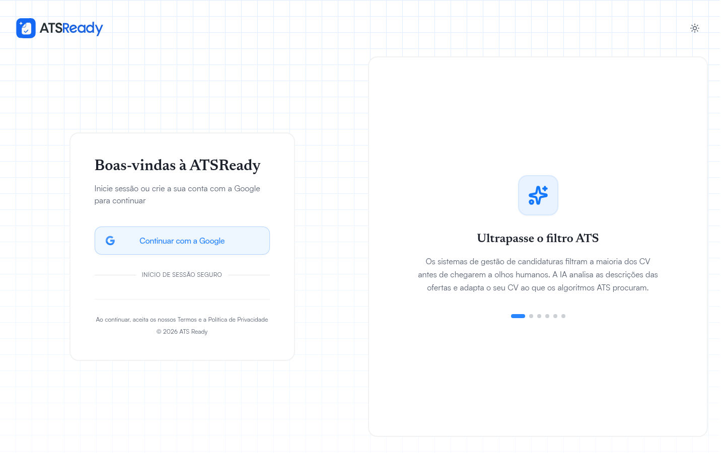 O ecrã de início de sessão do ATSReady, com um único botão Continuar com o Google.