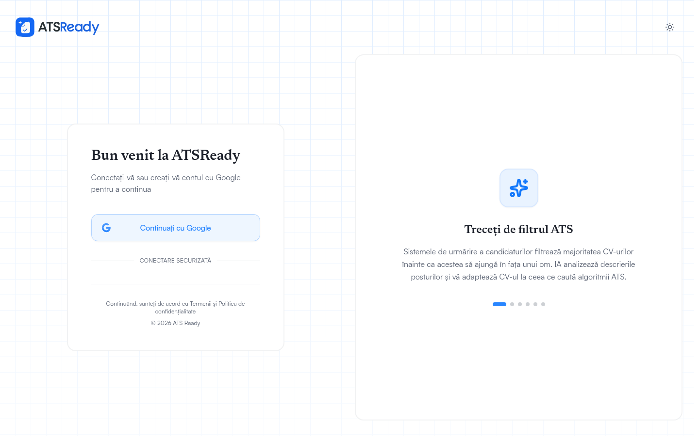 Ecranul de autentificare ATSReady, cu un singur buton Continuă cu Google.