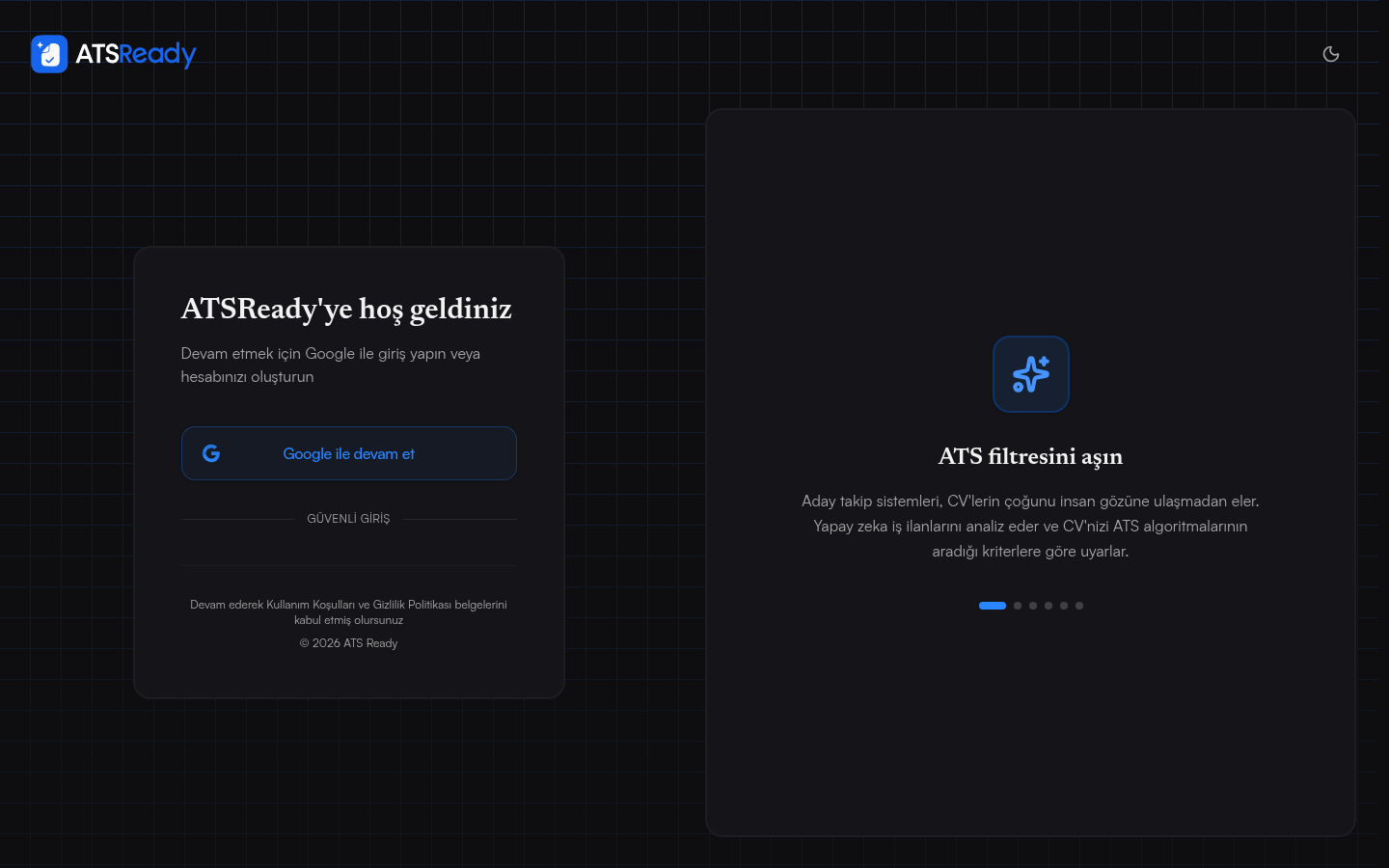ATSReady giriş ekranı, tek bir Google ile devam et düğmesiyle.