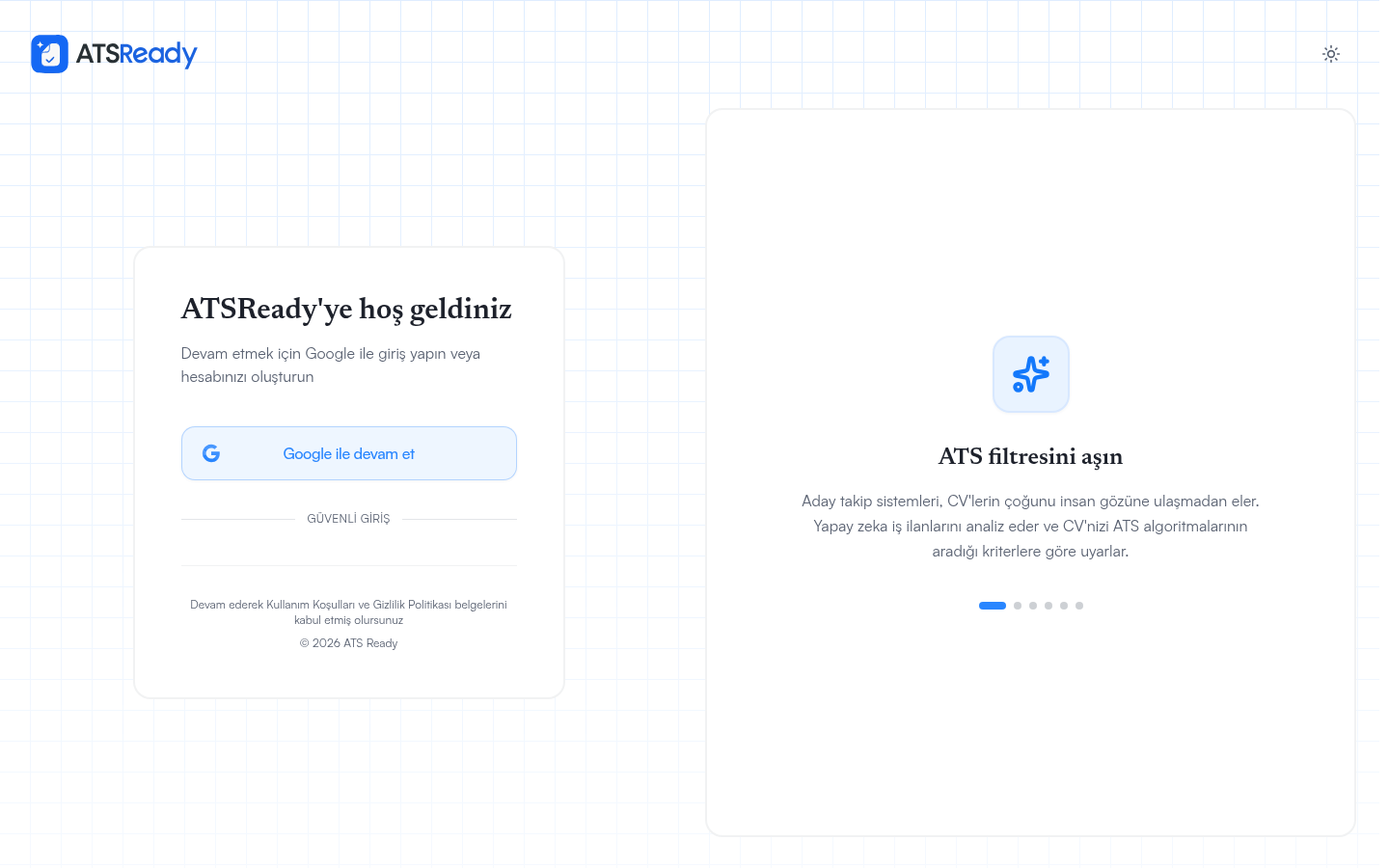 ATSReady giriş ekranı, tek bir Google ile devam et düğmesiyle.