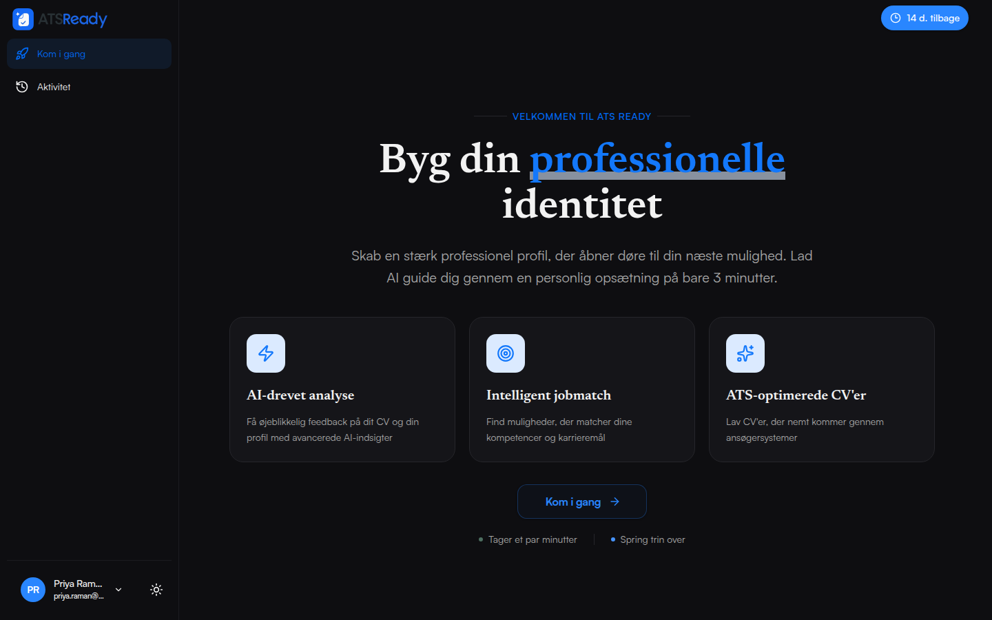ATSReadys velkomstskærm efter login, der tilbyder at begynde opsætningen.